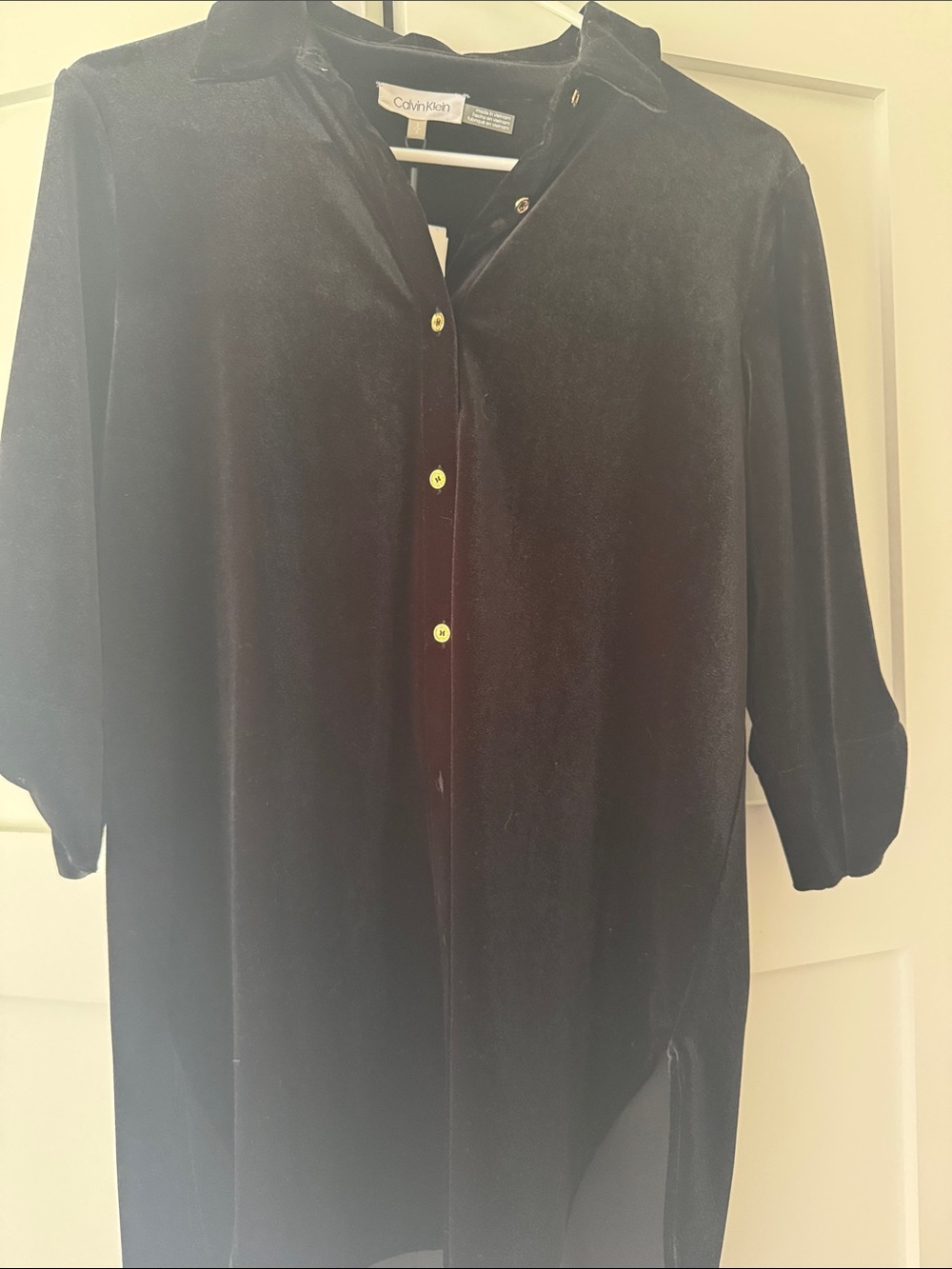 Calvin Klein Black Velvet Shirt Dress with Gold Buttons